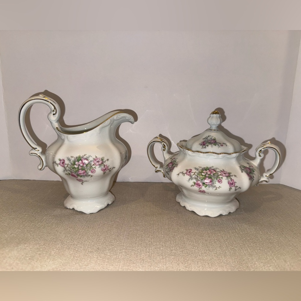 Vintage Johann Haviland Bavaria BRIDAL ROSE Pattern Creamer & Sugar Bowl